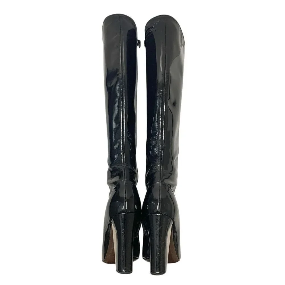Louis Vuitton Black Patent Leather Knee High Heeled Boots EU 36.5 Square Toe